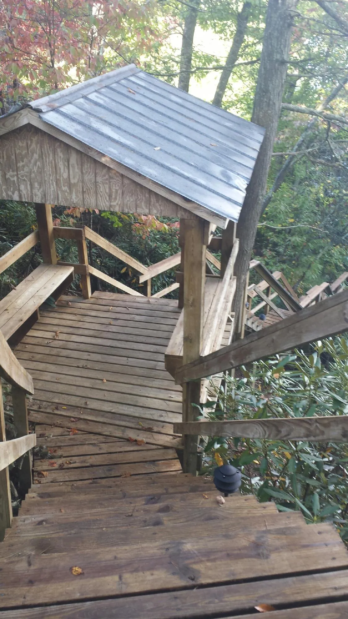 Metal roofed shelter over wooden steps on a wooded walkway — Skylight Repair & Installation work by our crew in Foosland